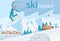 Skier making somersault. Winter landscape with ski lift, houses and mountains. Ski resort. Vector flat illustration