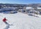 Skier on Mont Tremblant village resort in winter, Quebec