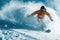 Skier in orange jacket on mountain slope on snowy background, man in mask skiing downhill spraying snow in winter. Concept of