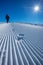 Skier is posing at camera at Gudauri resort in high mountaing of