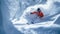 Skier in red clothes moves at mountain slope spraying snow powder, man in mask skiing downhill in winter. Concept of sport, powder