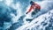 Skier in red jacket moves at mountain slope, man skiing downhill with splash of snow in winter. Concept of sport, powder, extreme