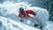 Skier in red jacket moves at mountain slope in winter, man in mask skiing downhill with splash of snow. Concept of sport, powder,