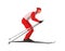 A skier in red sportswear is skiing using Ski poles and skis