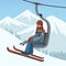 skier rides mountain on ski lift pop art raster