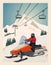Skier rides a powerful snowmobile against the background of snow-capped mountains. Vector poster.