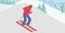 Skier Riding Downhills at Winter Season. Athlete Man in Warm Clothes, Helmet and Sunglasses Skiing. Sport Activity