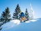 Skier riding in the mountains on a sunny winter day