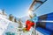 Skier sitting at ski chair lift in Alpine mountains