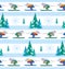 Skier white background. Mice skiers and forest. Winter seamless pattern.