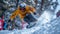 Skier in yellow jacket moves at mountain slope, man skiing downhill with splash of snow in winter. Concept of sport, powder,