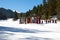 Skiers at the draglift in Bansko, Bulgaria