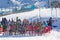 Skiers enjoying a hot drink at the ski slope of Grandvalira in Pas de la Casa