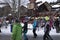 Skiers enjoying the scenes of Creekside Village ski resort, British Columbia