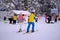 Skiers go through the snow to ski lift, Levi ski resort, tourist infrastructure, concept holiday, christmas in lapland, winter