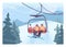 Skiers lifting up to a slope by ski lift. Couple taking selfie on a chairlift.