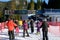 The skiers and Lucky-Vyhliadka cableway station in Jasna Low Tatras