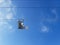 Skiers riding in chairs up the hill on the cable car