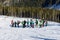 The skiers school training is on slope in Jasna Low Tatras