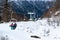 Skiers on ski lift to mountain Zakhar Berkut, Carpathian mountains in Slavske, Ukraine on January 1