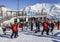 Skiers and snowboarders with their gear at La Thuile ski resort in Valle d`Aosta, Italy