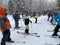 Skiers waiting at the line to the lifts at Okemo mountain ski resort