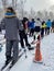 Skiers waiting at the line to the lifts at Okemo mountain ski resort