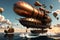 Skies of Steam: Steampunk Airship Towering Over the Ocean\\\'s Surface, Intricate Gears, and Steam Bellowing from Pipes