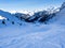 Skiing with amazing view of french famous mountains in beautiful winter snow 3 vallees France, Meribel. 2018. Blue sky and a lot o