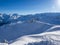 Skiing with amazing view of french famous mountains in beautiful winter snow 3 vallees France, Meribel. 2018. Blue sky and a lot o