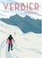 skiing with amazing view in verbier poster vintage illustration design, switzerland national park poster