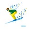 Skiing. Cartoon skier in green and yellow running downhill.