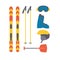 Skiing equipment set. Winter sport collection. Elements for ski resort picture, mountain activities. Flat style.