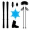 Skiing equipment silhouette with snowflake