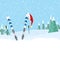 Skiing in the forest.ski standing in the snow with sticks on top santa cap.snowing and around trees.landscape flat design