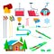 Skiing Icons Set Vector. Skiing Accessories. Skis, Snow Gun, Snowflake, Lift, Elevator, Mountains, Winter Sport Glasses