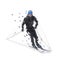 Skiing, low polygonal downhill skier in black winter wear. Front view. Winter sport