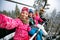 Skiing, ski lift, ski resort - happy family skiers on ski lift m