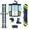 Skiing and snowboarding equipment, set. Skis, ski poles, snowboard, helmet, glasses, boots, ski lift cabin. Winter equipment icons