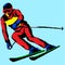 Skiing stylized vector simbol. Young man riding on skis on blue background
