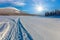Skiing trail in beautiful winter area and skiing men