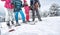 Skiing, winter fun concept- family enjoying winter vacation on s