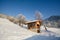 Skiing in a winter landscape with wooden barn, Pitztal Alps - Tyrol Austria