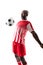 Skilled african american male soccer player controlling ball with chest against white background
