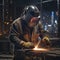 Skilled builder welder working on a steel structure at a busy construction site. Ideal for illustrating industrial processes and