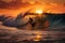 Skilled surfer surfing a big wave at sunset. Generative AI