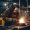 Skilled Welder Engaged in Precision Metalwork at Industrial Workshop During Evening Hours