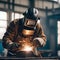 Skilled Welder Engaged in Precision Metalwork at Industrial Workshop During Evening Hours