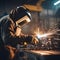 Skilled Welder Engaged in Precision Metalwork at Industrial Workshop During Evening Hours