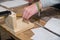 Skilled worker makes wood joints